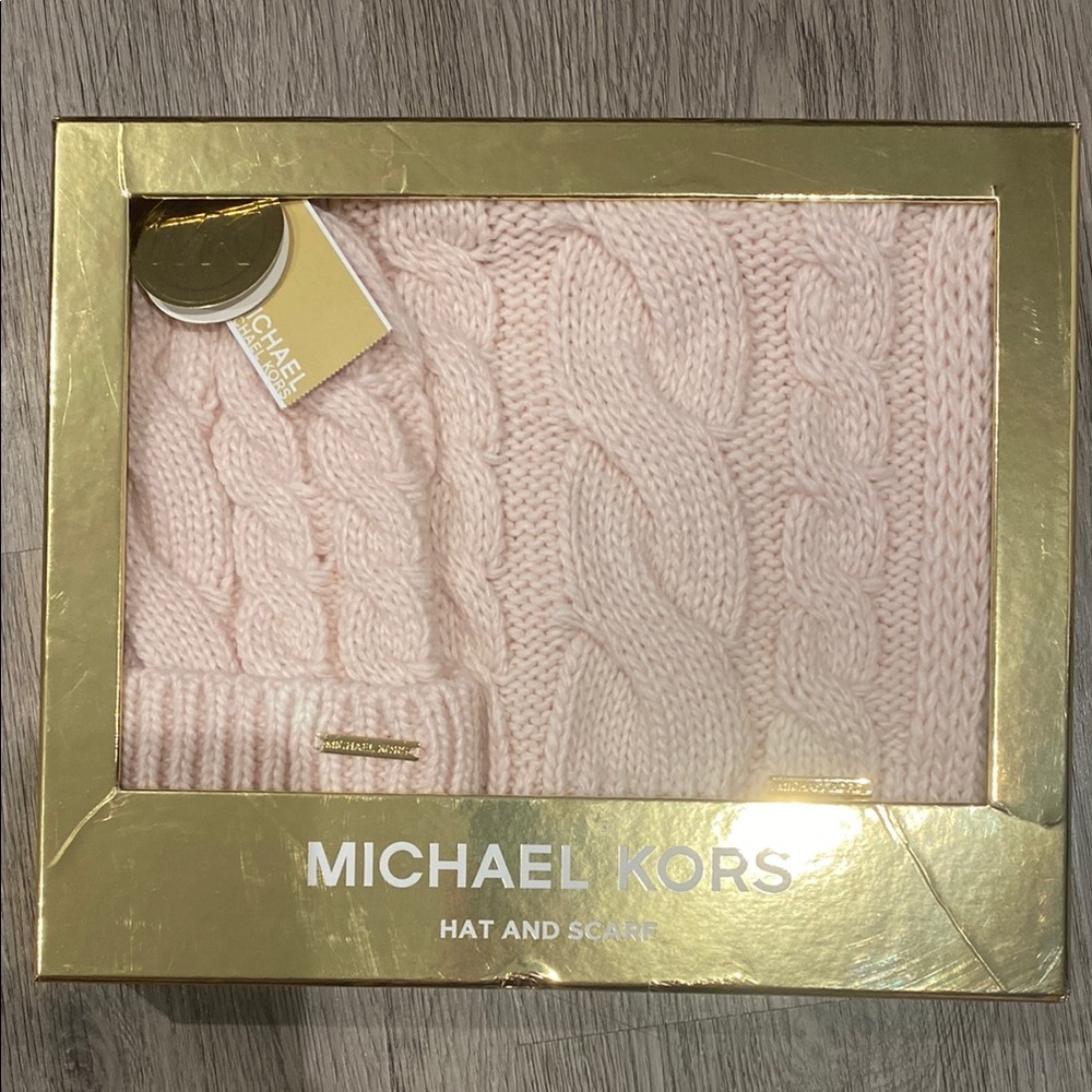 Michael Kors Blush Cable Knit Hat and Scarf Set